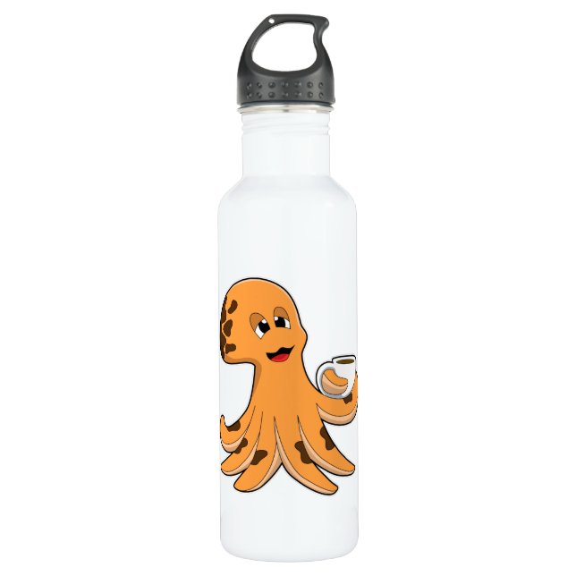 Octopus with Cup of Coffee Stainless Steel Water Bottle (Front)