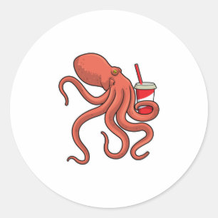 Octopus with Drink Classic Round Sticker