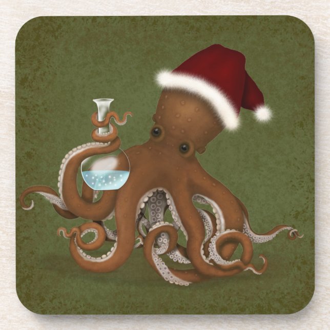 Octopus With Glass Flask & Santa Hat Christmas Beverage Coaster (Front)