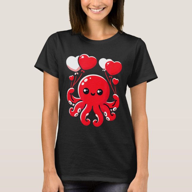 Octopus With Heart Balloons Adorable Valentines Da T-Shirt (Front)