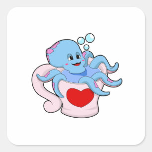 Octopus with Heart Cup.PNG Square Sticker