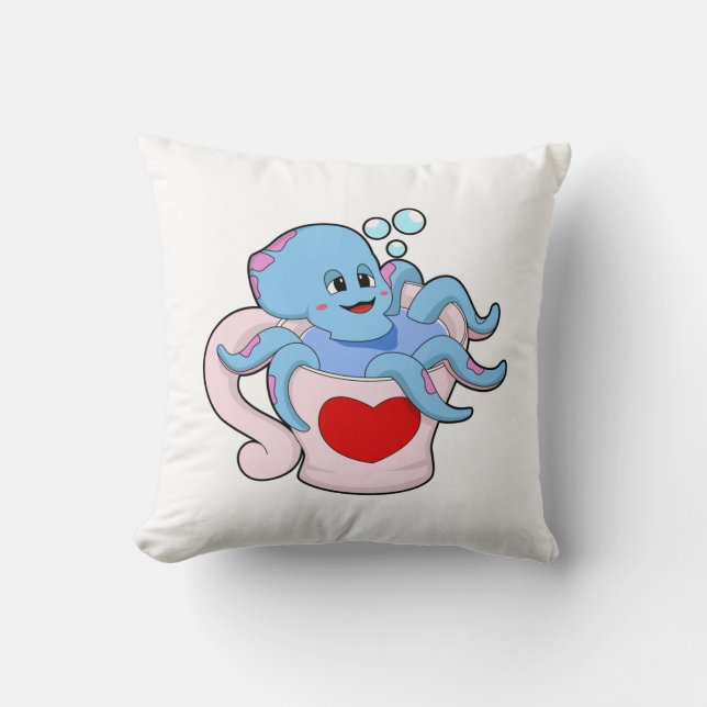 Octopus with Heart Cup.PNG Throw Pillow (Front)