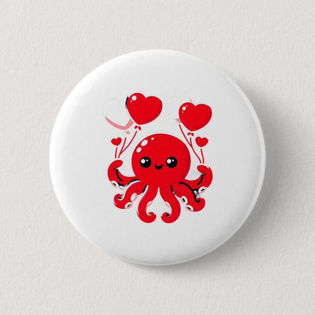 Octopus With Heart Lloons Adorable Valentines Day  Button (Front)