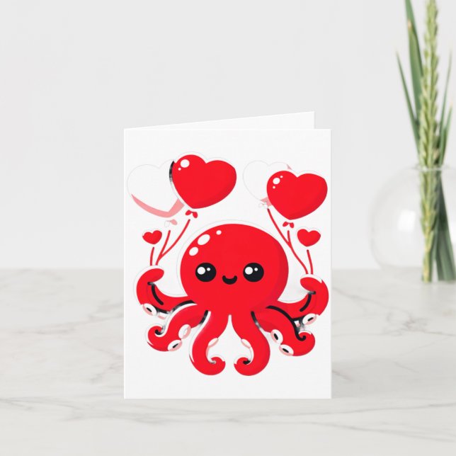 Octopus With Heart Lloons Adorable Valentines Day  Card (Front)
