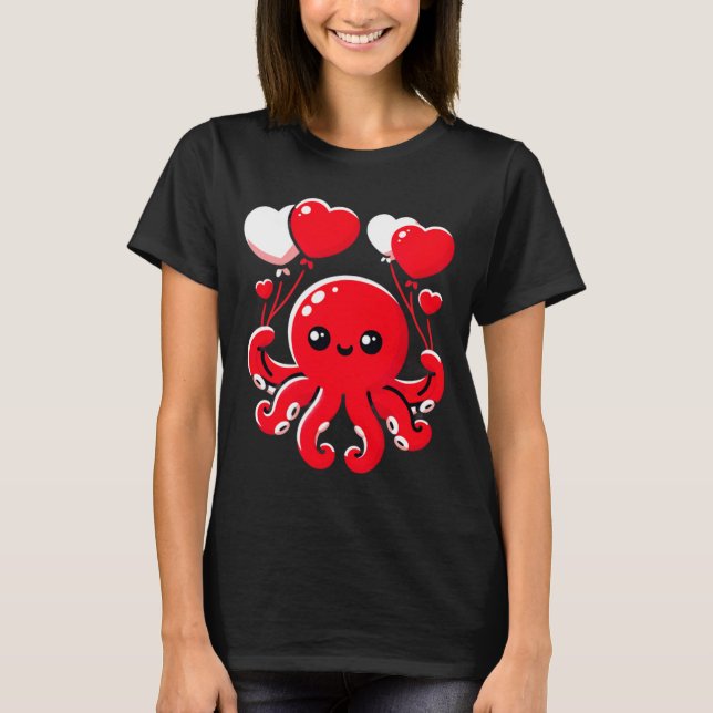 Octopus With Heart Lloons Adorable Valentines Day  T-Shirt (Front)