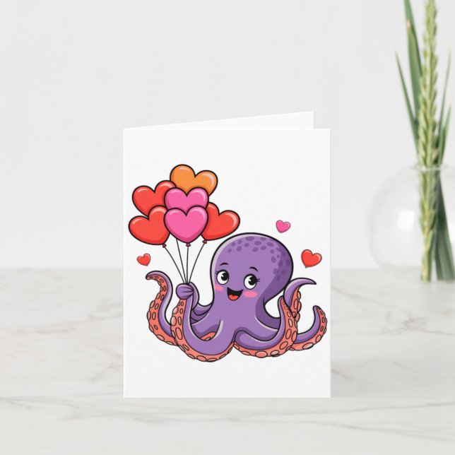 Octopus With Heart Lloons Valentine Day  Card (Front)