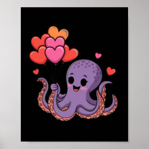Octopus With Heart Lloons Valentine Day Poster