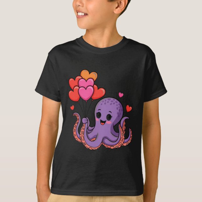Octopus With Heart Lloons Valentine Day  T-Shirt (Front)