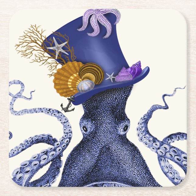 Octopus with Nautical Hat Square Paper Coaster (Front)