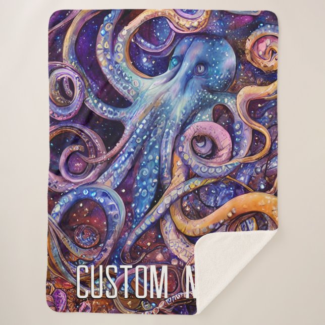 Octopus with Personalized Name Aquatic Life Sherpa Blanket (Front)