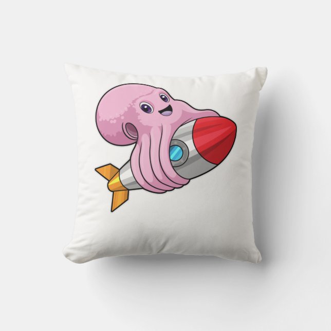 Octopus with Rocket Throw Pillow (Front)
