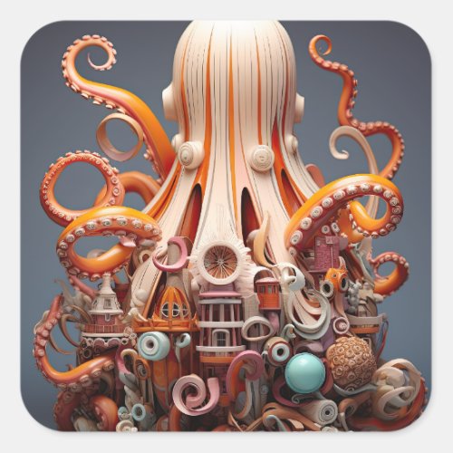 Octopus World Underwater Fantasy Ocean Abstract Square Sticker