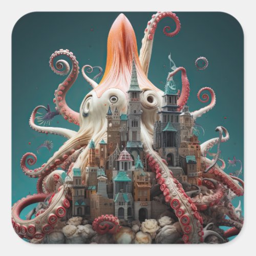 Octopus World Underwater Fantasy Ocean Abstract Square Sticker