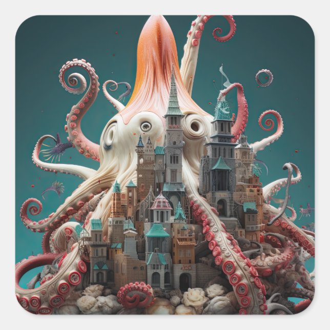 Octopus World Underwater Fantasy Ocean Abstract Square Sticker (Front)