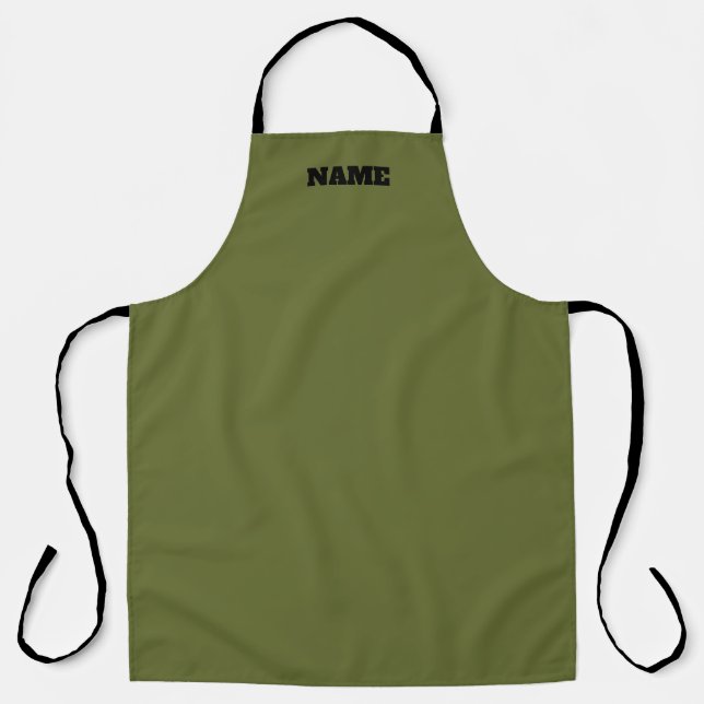 OD Green cooking apron with custom name (Front)