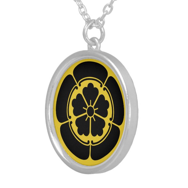 Oda Mon Japanese samurai clan yellow on black Silver Plated Necklace (Front Right)