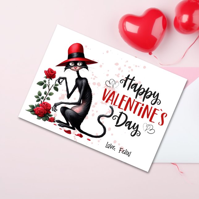 Odd Black Cat With Red Hat Happy Valentines Day  Holiday Card (Creator Uploaded)