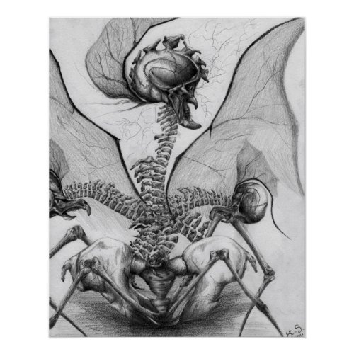 Odd Bone Fellow Skeletal Horror Winged Monster Art Poster