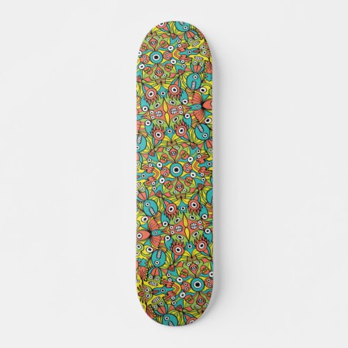 Odd creatures multiplying to form a pattern design skateboard