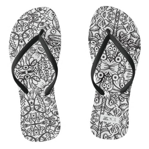 Odd Doodle art creatures in a crazy pattern design Flip Flops