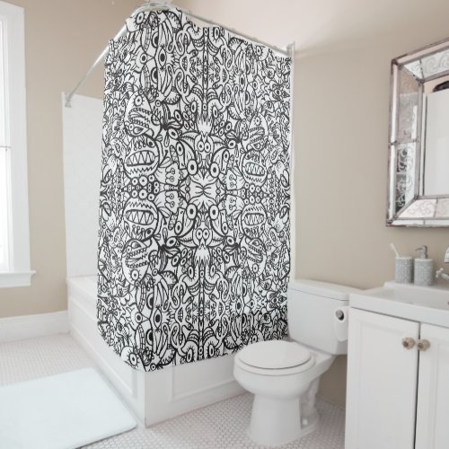Odd Doodle art creatures in a crazy pattern design Shower Curtain