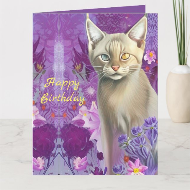 Odd eyed Siamese kitten in pink Happy Birthday Card (Front)