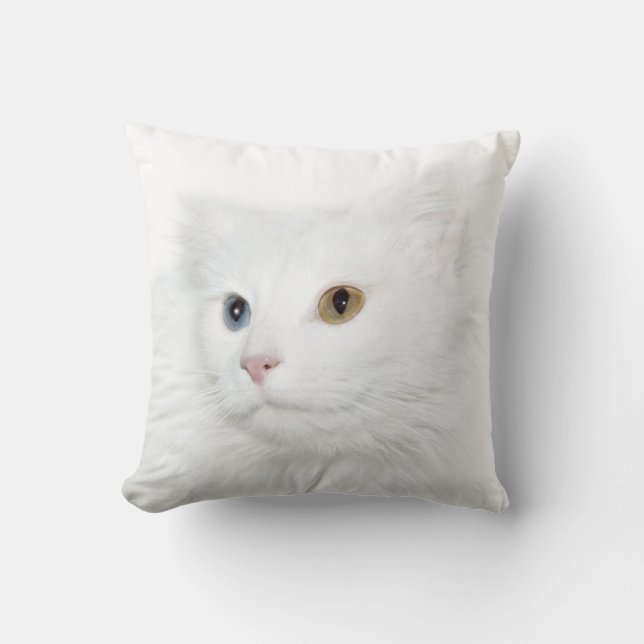 Odd eyed white cat face throw pillow (Front)