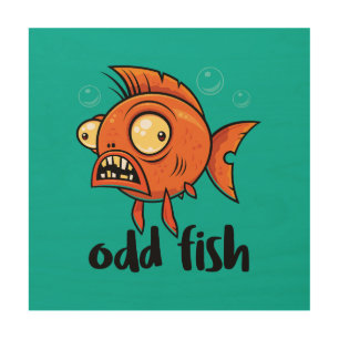 Odd Fish Quirky Funny Orange Goldfish Cartoon Wood Wall Art