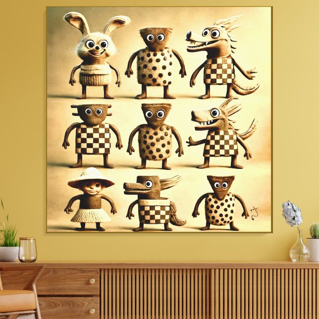 Odd Friends – Checker & Dots Creature Family Poste Canvas Print (Insitu(LivingRoom))