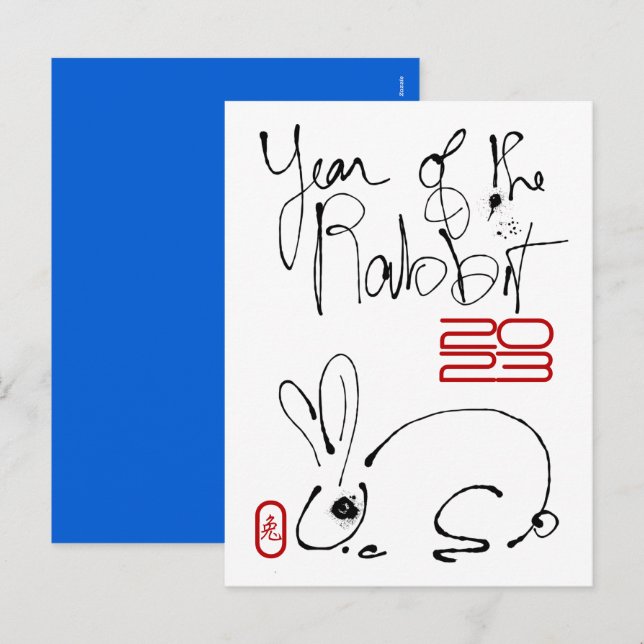 Odd Rabbit original ink Drawing Chinese Year Birth Holiday Postcard (Front/Back)
