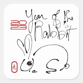 Odd Rabbit Original Ink Drawing Chinese Year Birth Square Sticker by AnimalDrawings at Zazzle