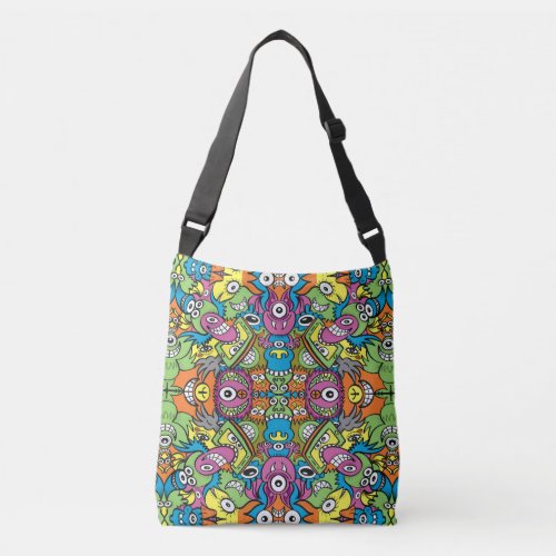 Odd smiling critters in a whimsical pattern design crossbody bag