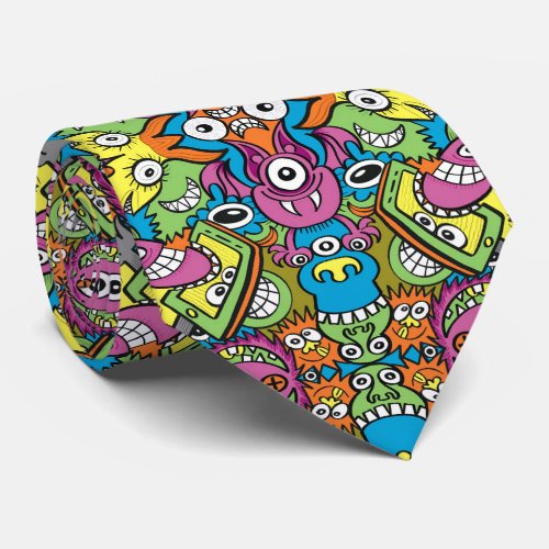 Odd smiling critters in a whimsical pattern design neck tie