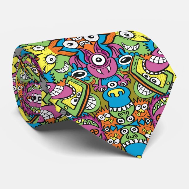 Odd smiling critters in a whimsical pattern design neck tie (Rolled)