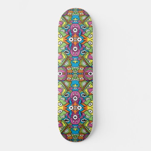 Odd smiling critters in a whimsical pattern design skateboard