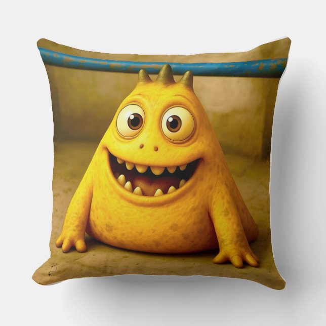 OddFriends – Happy Yellow Monster Poster Throw Pillow (Front)