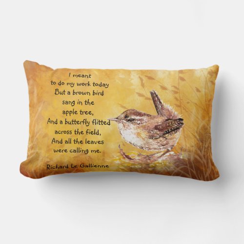 Ode to Spring Watercolor Brown Bird Nature Poem Lumbar Pillow