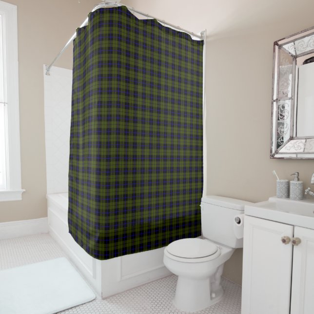 Odee army green royal blue/black stripe plaid shower curtain (In Situ)