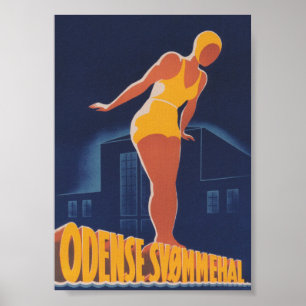 Odense Denmark, Swimmer, Vintage Travel Poster