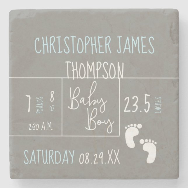 odern Blue Grey Baby Boy photo Birth Announcement Stone Coaster (Front)