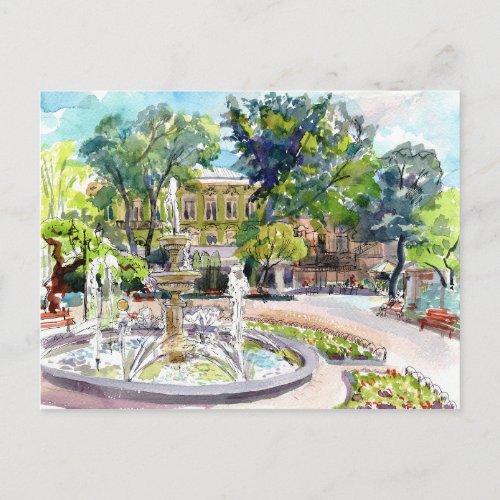 Odessa city garden Watercolor urban sketch art Postcard
