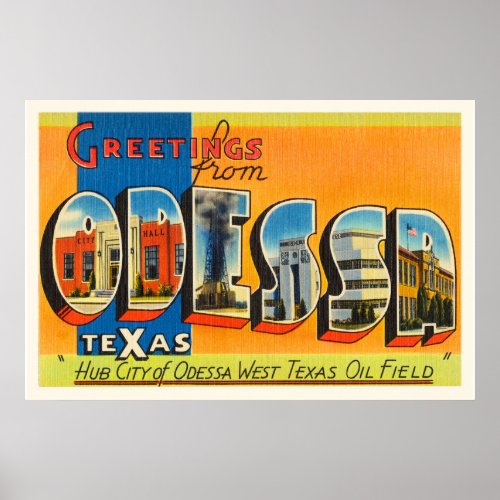 Odessa Texas TX Old Vintage Travel Souvenir Poster