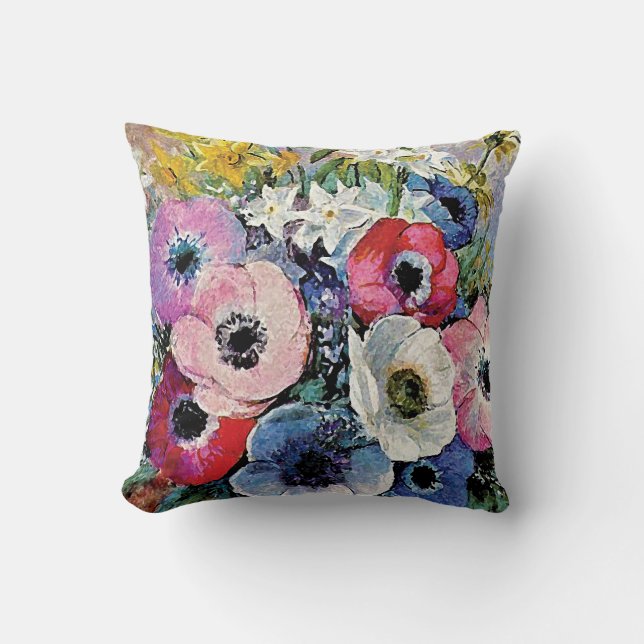 Odilon Redon Anemones Flowers - Fine Art Symbolism Throw Pillow (Front)