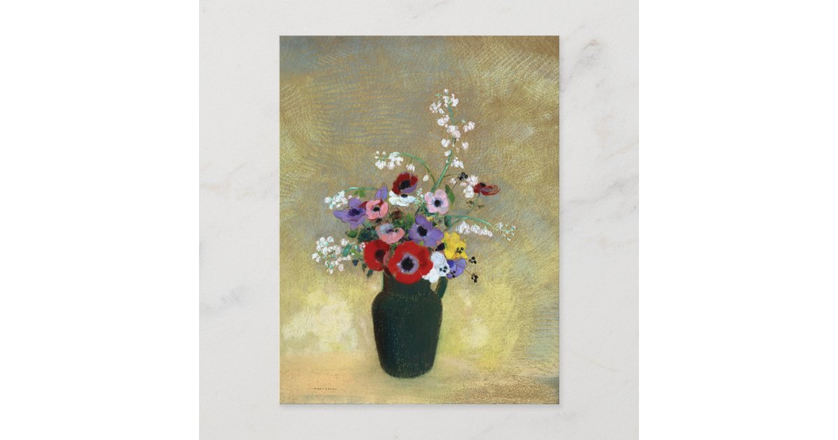 Odilon Redon Large Green Vase with Mixed Flowers Postcard Zazzle