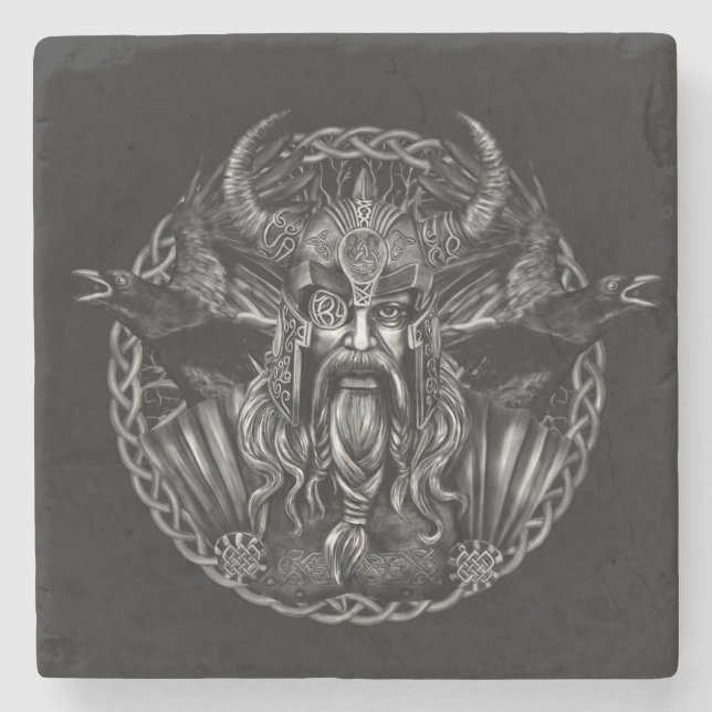 Odin and his ravens Huginn and Muninn Stone Coaster (Front)