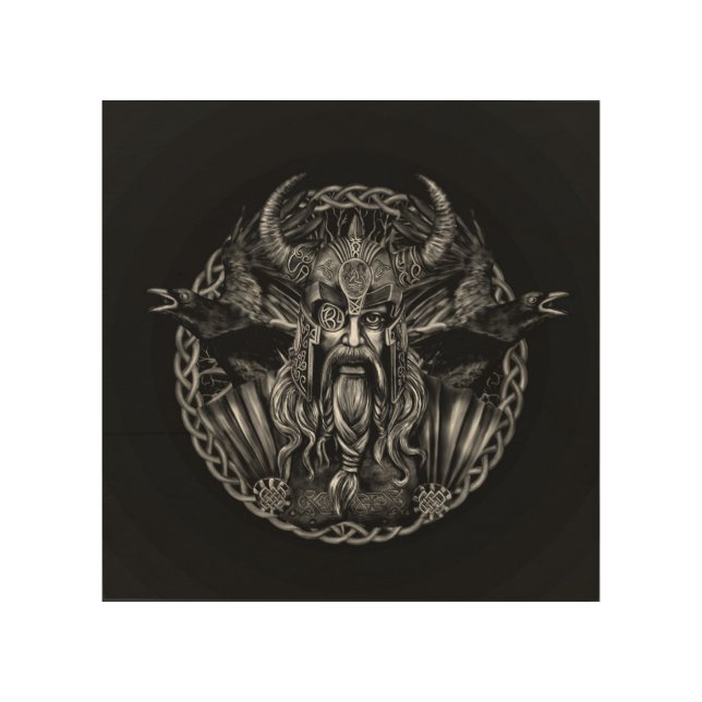 Odin and his ravens Huginn and Muninn Wood Wall Art (Front)