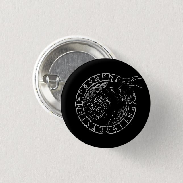 Odin Raven Crow Viking Mythology runes runic Button (Front & Back)