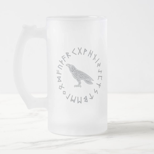 Odin Raven Crow Viking Mythology runes runic Frosted Glass Beer Mug (Left)
