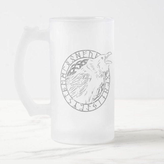 Odin Raven Crow Viking Mythology runes runic Frosted Glass Beer Mug (Left)
