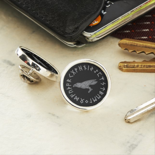 Odin Raven Crow Viking Mythology runes runic Lapel Pin (In Situ)